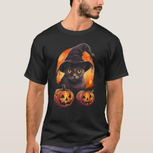 Halloween schwarze Katze Kürbis Mond Hexenhut Grus T-Shirt
