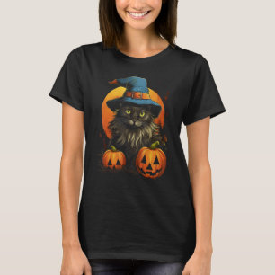 Halloween-Schwarze-Katze-Kürbis-Mond-Hexenhut-Kost T-Shirt