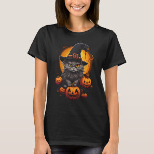 Halloween-Schwarze-Katze-Kürbis-Mond-Hexenhut-Kost T-Shirt