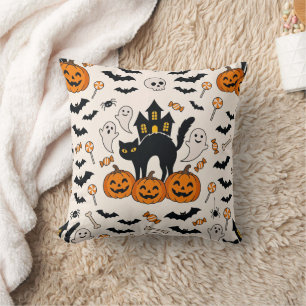 Halloween-Schwarze Katze & Kürbis-Spukhaus Kissen