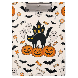 Halloween-Schwarze Katze & Kürbis-Spukhaus Klemmbrett