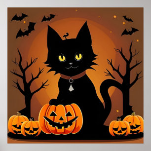Halloween schwarze Katze Kürbislaternen Gruselig Poster