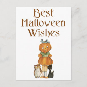 Halloween-Schwarze Katze, Kürbismädchen und Eule Postkarte