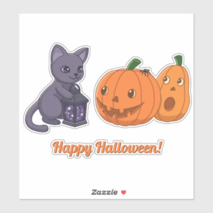 Halloween-Schwarze Katze, Kürbisse, Laterna Magica Aufkleber