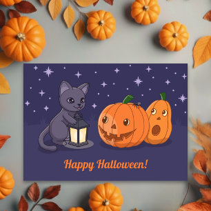 Halloween-Schwarze Katze, Kürbisse, Laterne auf Li Karte