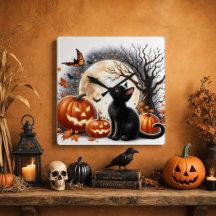 Halloween schwarze Katze & Kürbisse rustikales Ber