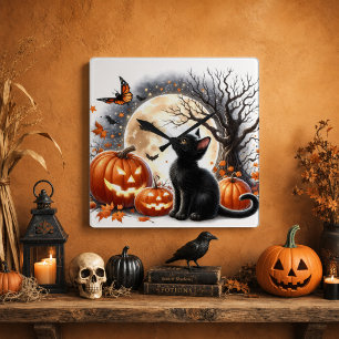 Halloween schwarze Katze & Kürbisse rustikales Ber Quadratische Wanduhr