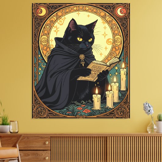 Halloween schwarze Katze liest ein Buch Leinwanddruck (Insitu (Wohnzimmer))