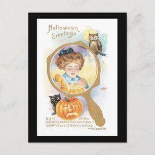 Halloween-Schwarze Katze, Mädchen und Eule Postkarte
