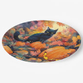 Halloween schwarze Katze mit Kürbissen Gruselig Pappteller (Schrägansicht)