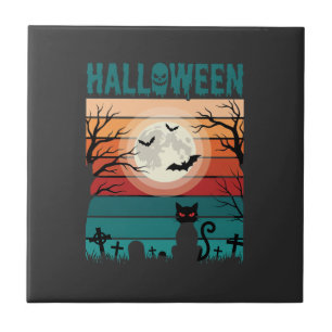 Halloween schwarze Katze Mond Friedhof Retro-Vekto Fliese