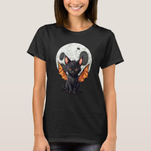 Halloween schwarze Katze Orange mit Fledermäusen,  T-Shirt