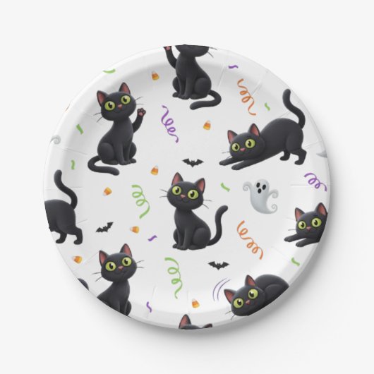 HALLOWEEN SCHWARZE KATZE PAPPTELLER (Vorderseite)