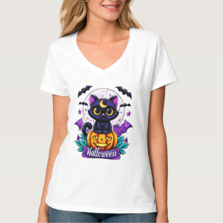 Halloween-Schwarze Katze sitzt auf einem Kürbis T-Shirt