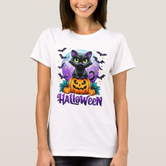 Halloween schwarze Katze sitzt auf einem Kürbis T-Shirt