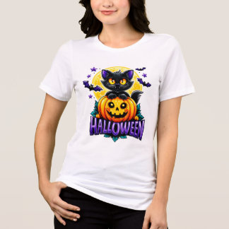 Halloween schwarze Katze sitzt auf einem Kürbis Tri-Blend Shirt