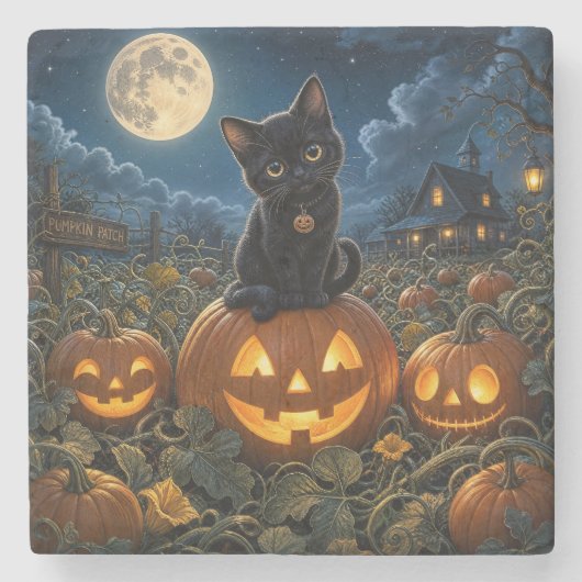 Halloween schwarze Katze Steinuntersetzer (Vorderseite)
