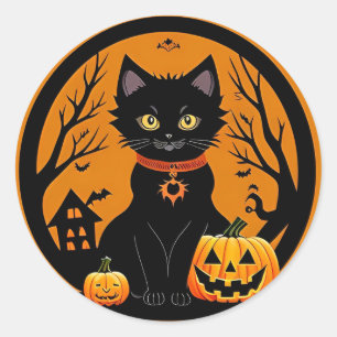 Halloween-Schwarze Katze umgeben von Kürbislaterne Runder Aufkleber