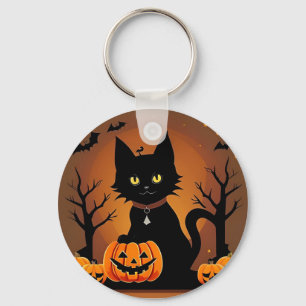 Halloween-Schwarze Katze umgeben von Kürbislaterne Schlüsselanhänger