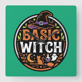 Halloween: schwarze Katze und Geist – Basic Witch. Quadratische Wanduhr