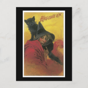 Halloween schwarze Katze und Hexe Postkarte