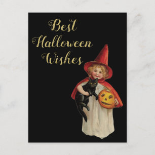 Halloween-Schwarze Katze und Hexenmädchen Postkarte