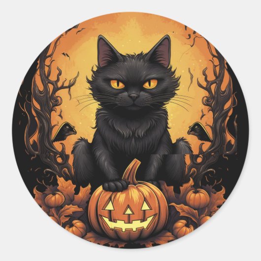 Halloween | Schwarze Katze und Kürbis Runder Aufkleber (Vorderseite)