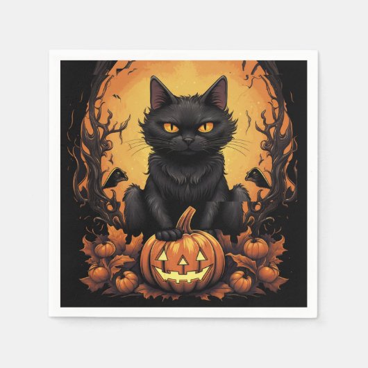 Halloween | Schwarze Katze und Kürbis Serviette (Vorderseite)