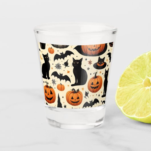 Halloween-Schwarze Katze und Kürbismuster Schnapsglas (Vorderseite)