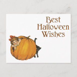Halloween schwarze Katze und Mädchen Postkarte