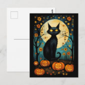 Halloween Schwarze Katze und Vollmond-Kürbis Postkarte (Vorne/Hinten)