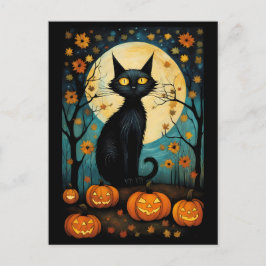 Halloween Schwarze Katze und Vollmond-Kürbis Postkarte