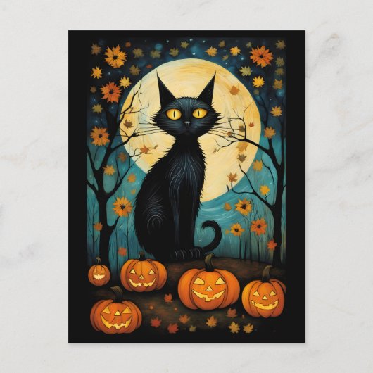 Halloween Schwarze Katze und Vollmond-Kürbis Postkarte (Vorderseite)