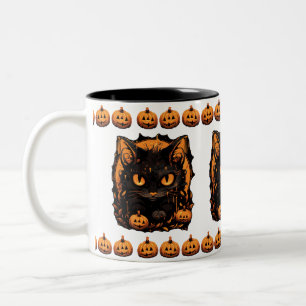 Halloween: Schwarze Katze unter Kürpen Zweifarbige Tasse