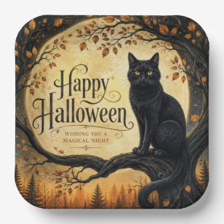 Halloween-Schwarze Katze Vollmond Baum Pappteller