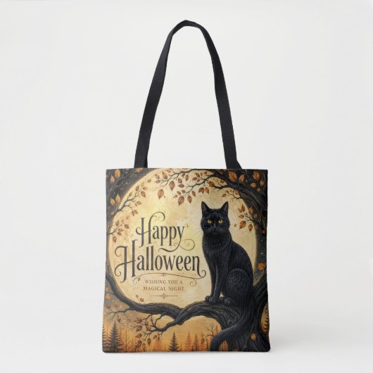 Halloween schwarze Katze Vollmond Baum Tasche (Vorderseite)