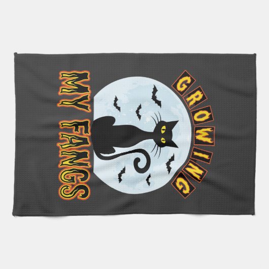 Halloween-Schwarze-Katze-Wachsender-Fang-Design Geschirrtuch (Horizontal)