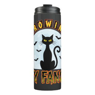 Halloween-Schwarze Katze wächst meine Fangzähne De Thermosbecher