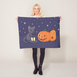 Halloween schwarze Katzen-Kürbislaterne lila Fleecedecke