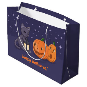 Halloween schwarze Katzen-Kürbislaterne lila Große Geschenktüte