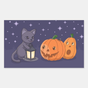 Halloween schwarze Katzen-Kürbislaterne lila Rechteckiger Aufkleber