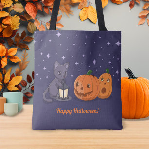 Halloween schwarze Katzen-Kürbislaterne lila Tasche