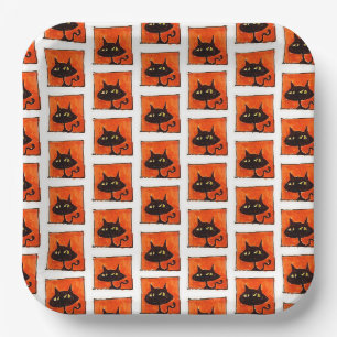 Halloween schwarze Katzen orange Quadrate Cartoon Pappteller