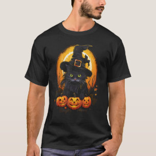 Halloween schwarze Katzenhexenhut-Kürbis T-Shirt