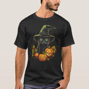 Halloween-Schwarze Katzenhexenhut-Kürbis T-Shirt