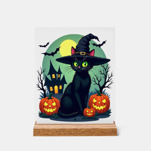 Halloween-Schwarze Katzenmütze Gruselige Katze und Acrylschild