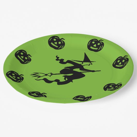 Halloween - Schwarze Pumpkins & Hexen Pappteller (Schrägansicht)