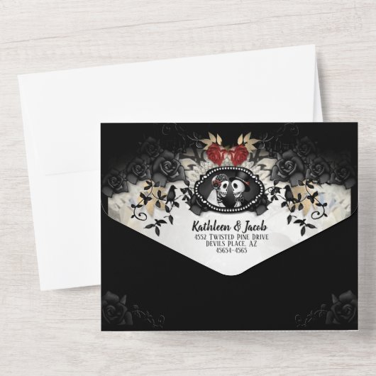 Halloween Schwarze Rose Hochzeitsskelette All In One Einladung (Rückseite)