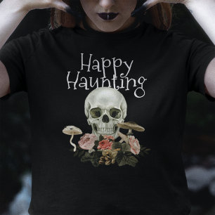Halloween Schwarzer Gruseliger Totenkopf Rosa Flor T-Shirt