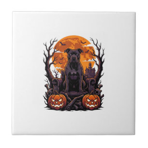 Halloween Schwarzer Pitbull Thron Kürbisse Vollmon Fliese